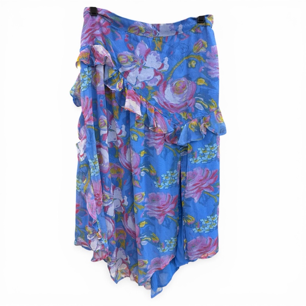 Sundance Blue Floral Asymmetrical Ruffle Midi Skirt Boho Western Cottagecore M - Picture 3 of 7